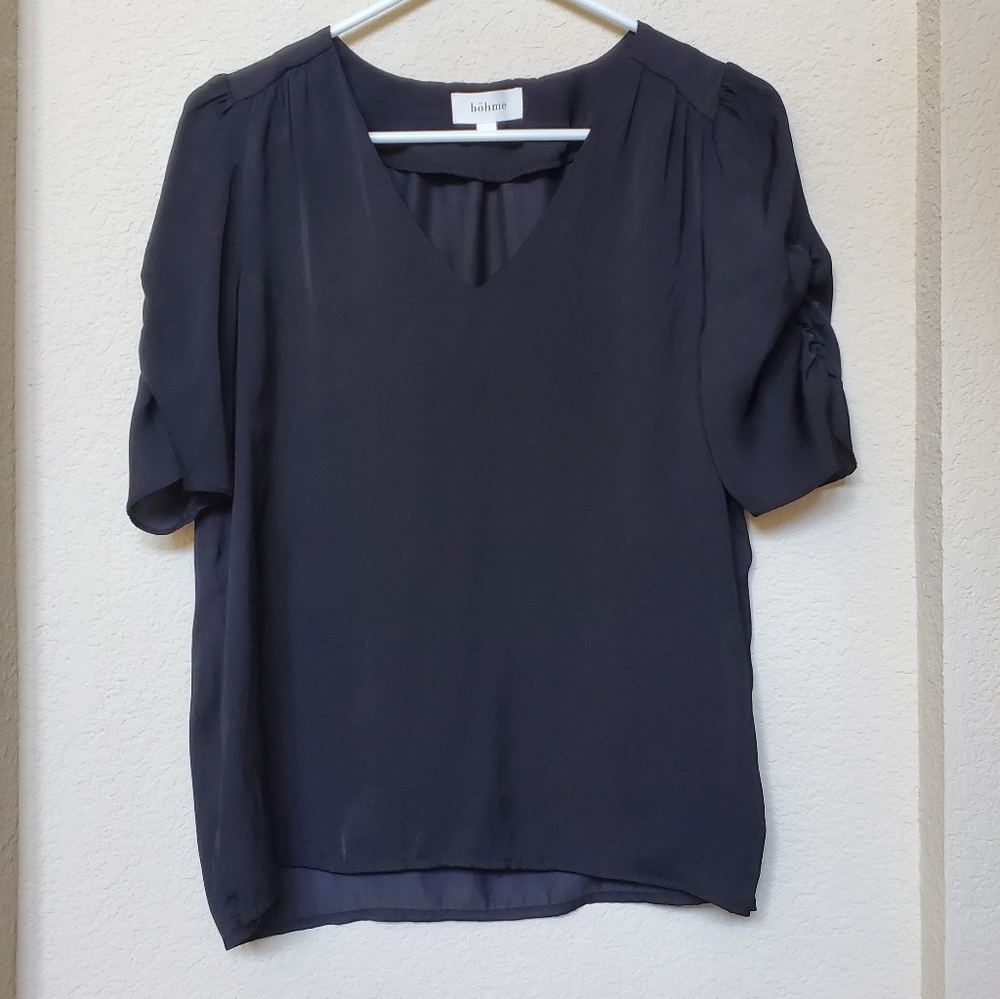 Bohme V Neck Rouched Sleeves Rayon Blouse. Size XS